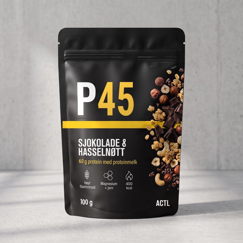 ACTL P45-pose, sjokolade og hasselnøtt